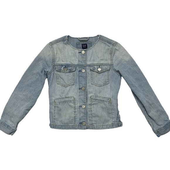 GAP KIDS Railroad Stripe Denim Jacket Size Large 10-11y Girls Lace Up Side Blue - Picture 1 of 9